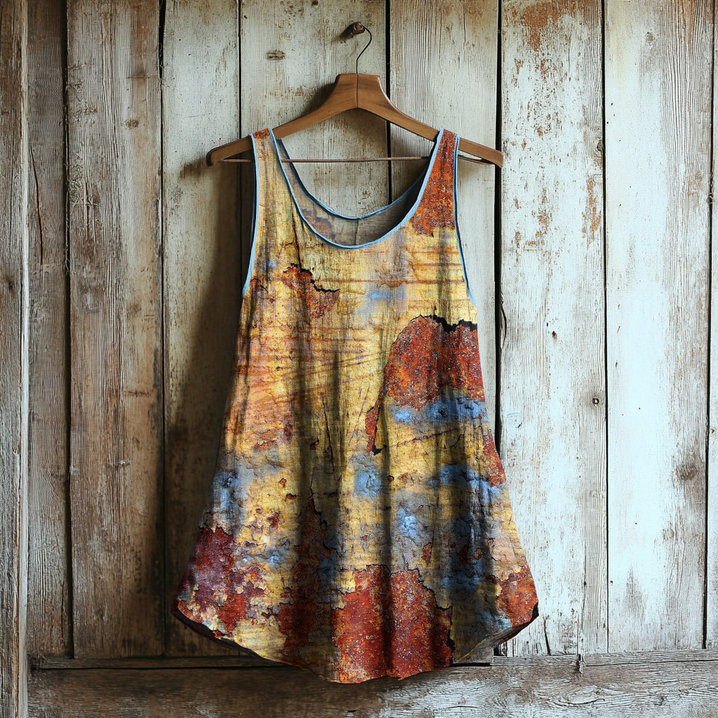 Vintage Rust Art Print V-neck Linen Blend Tank Top elevenforest