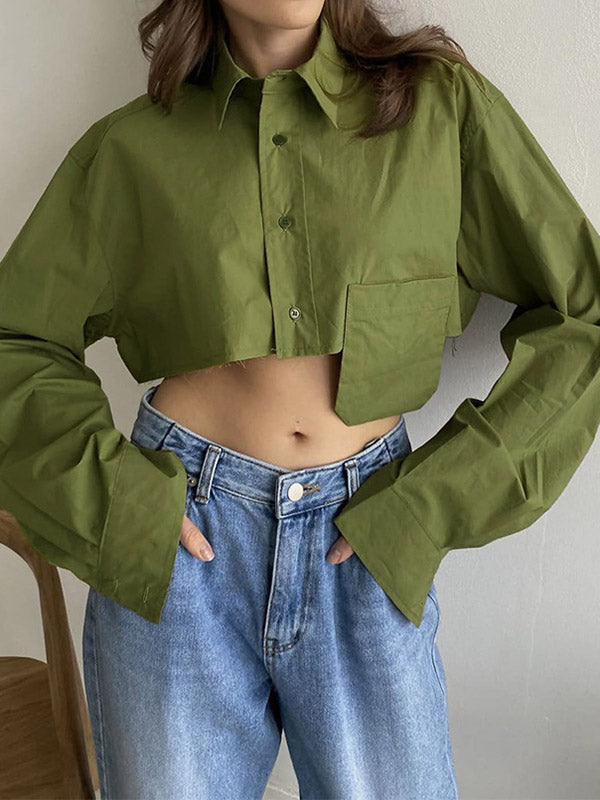 Long Sleeves Loose Asymmetric Buttoned Pockets Color Split-joint Lapel Blouses&shirts Tops
