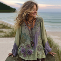 Vintage Purple Lavender And Floral Embroidered Linen V Neck Long Sleeve Shirt elevenforest