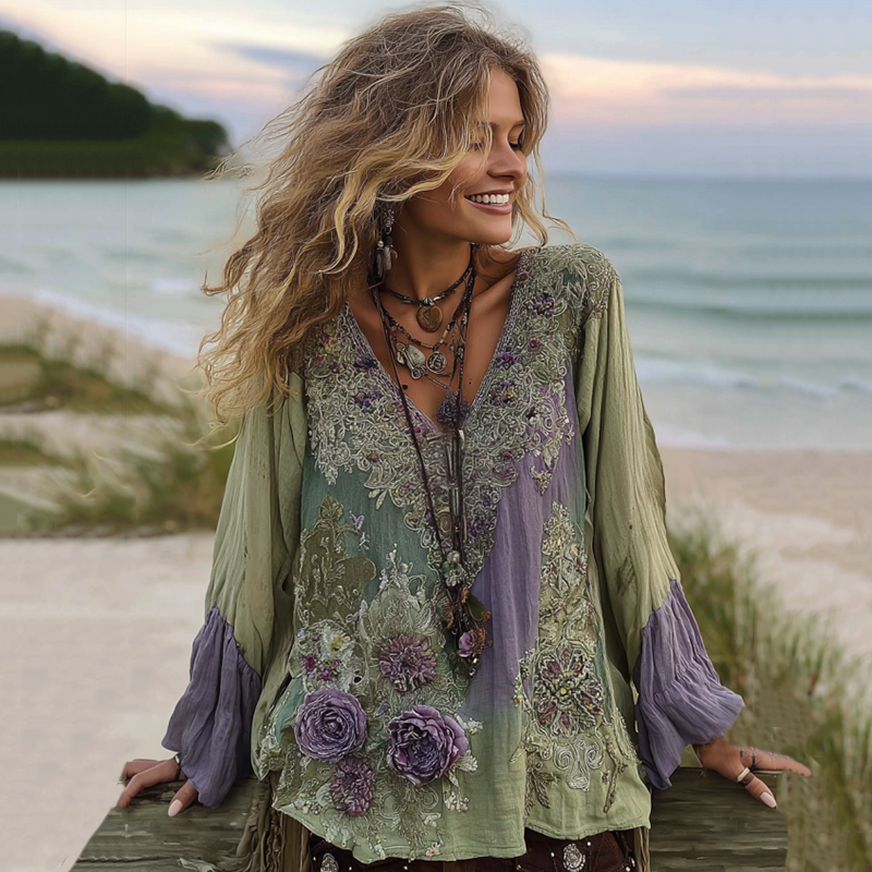Vintage Purple Lavender And Floral Embroidered Linen V Neck Long Sleeve Shirt elevenforest