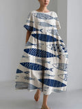 Japanese Art Fish Print Loose Short Sleeved Midi Dress