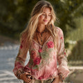 Vintage Floral Art Embroidery Linen V-neck Long Sleeves T-shirt elevenforest