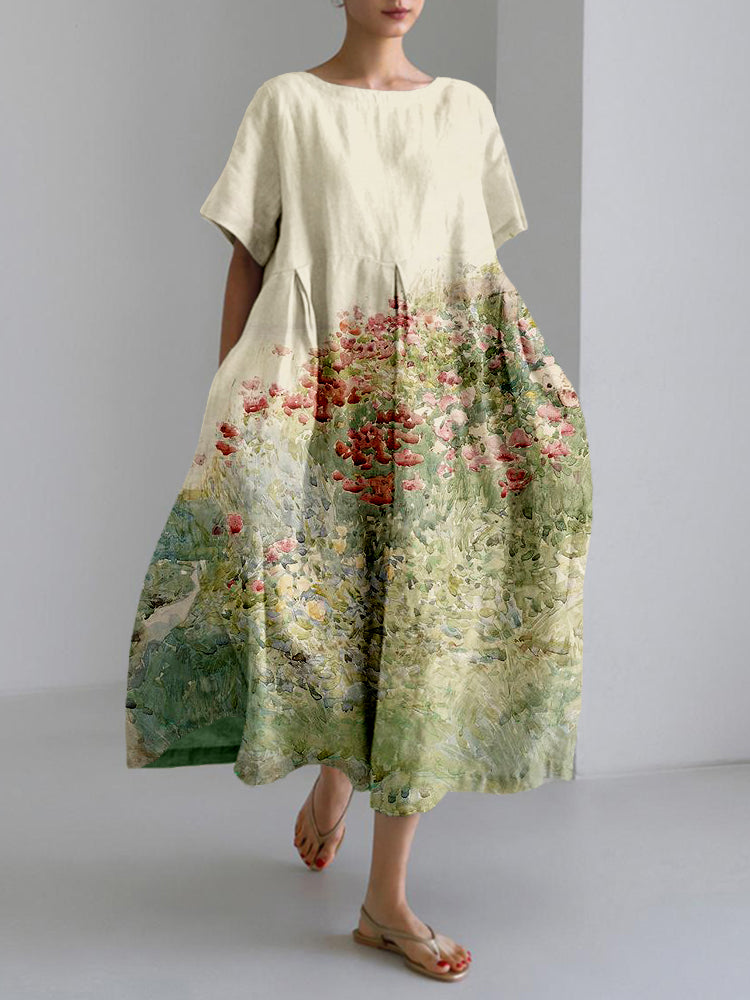 Vintage Poppy Hill Art Pattern Linen Blend Maxi Dress elevenforest
