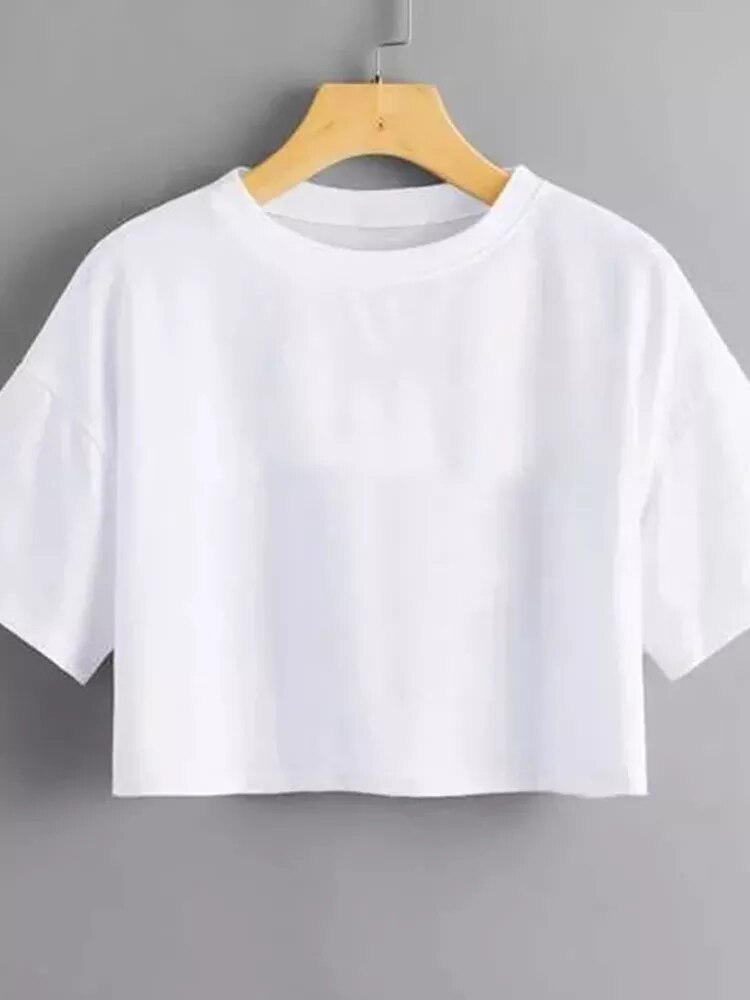 Harajuku Shirt Funny Y2k Crop Tops Black Femme Navel T-shirt Round Neck Short Loose Tee Shirt Summer