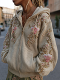 Bohemian Style Pink Flower Embroidery Hooded Long Sleeve Jacket With Zipper elevenforest