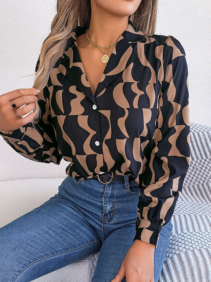 Long Sleeves Buttoned Contrast Color Notched Collar Blouses&shirts Tops