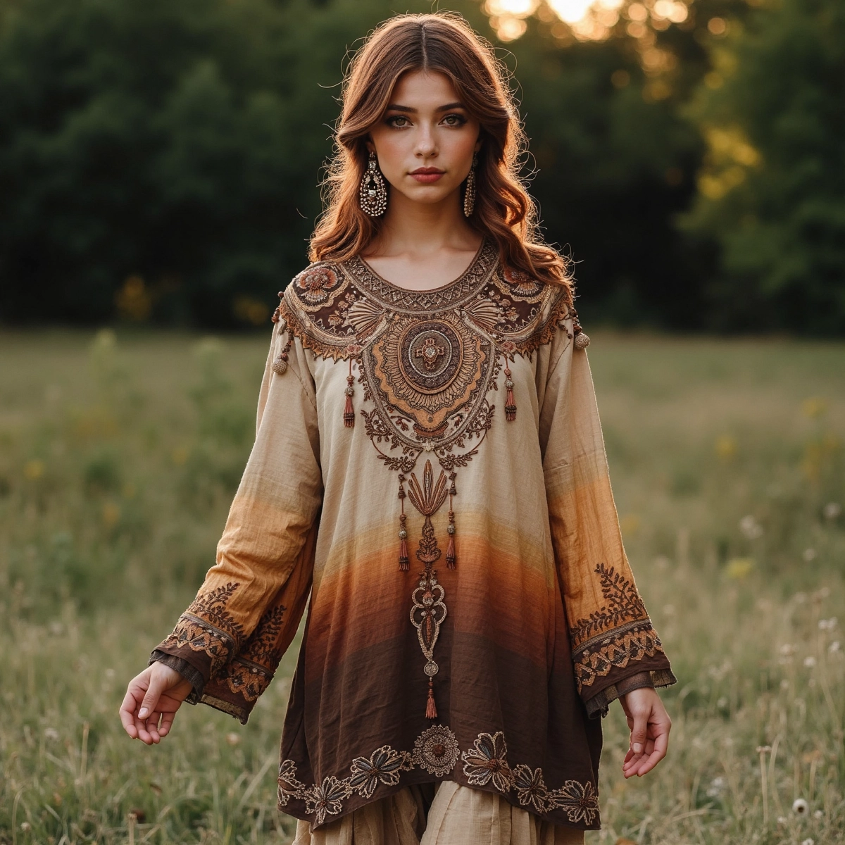 Boho Gradient Tassel Floral Embroidered Linen Round Neck Long Sleeve Blouse elevenforest
