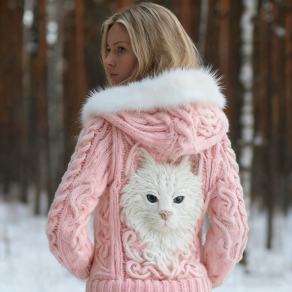 Comstylish Viking Retro Cat Design Women's Hooded Knit Sweater Jacket