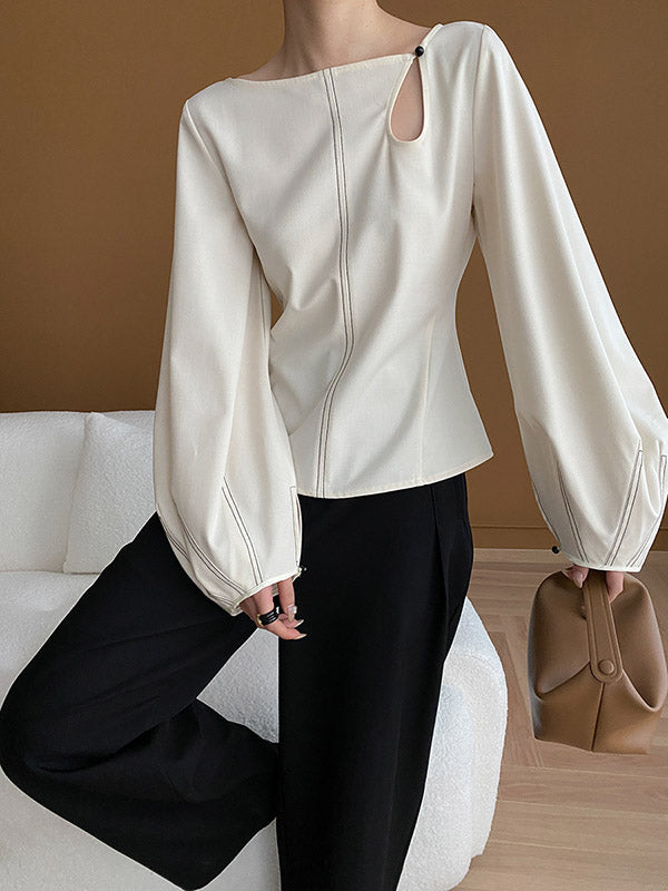 Long Sleeves Loose Asymmetric Belly-hollow Color Round-neck Blouses&shirts Tops