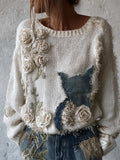 Boho Cat Denim Patch White Roses Cozy Knit Sweater elevenforest