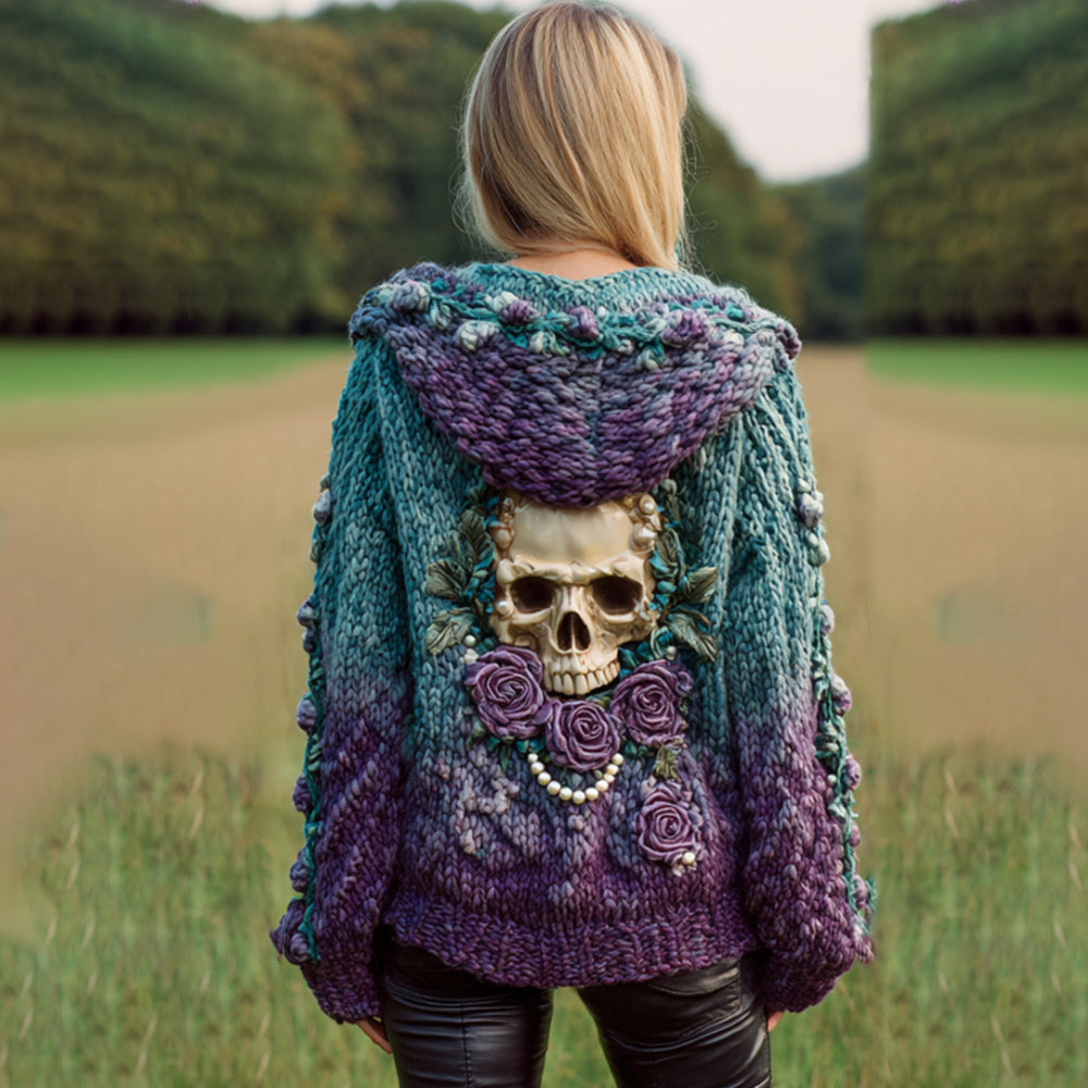 Women's Artistic Skeleton Rose Vintage Gradient Color Worn-out Hooded Sweater elevenforest