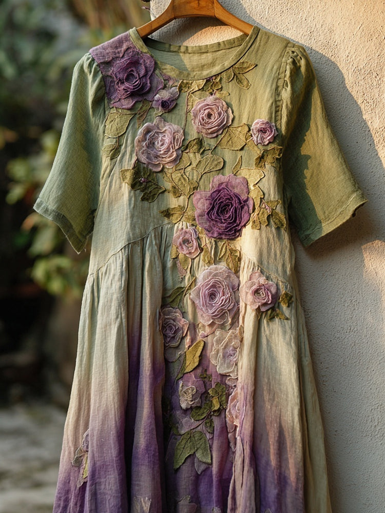 Vintage Purple Flowers Embroidered Gradient Linen Midi Dress elevenforest