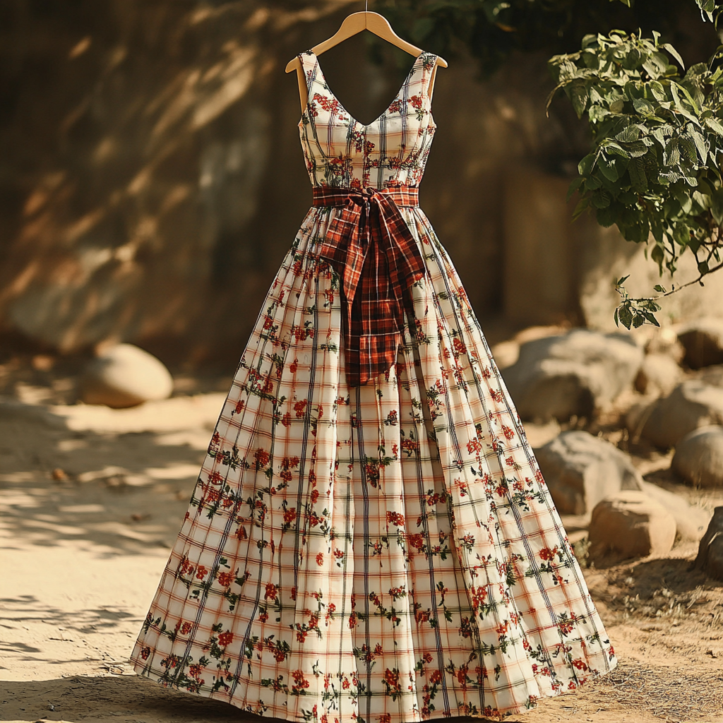 Women's Vintage Floral Plaid Pattern Cotton And Linen Sleeveless Dress elevenforest
