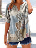 Women's Vintage Heart Patchwork Art Print Casual Cotton And Linen Shir