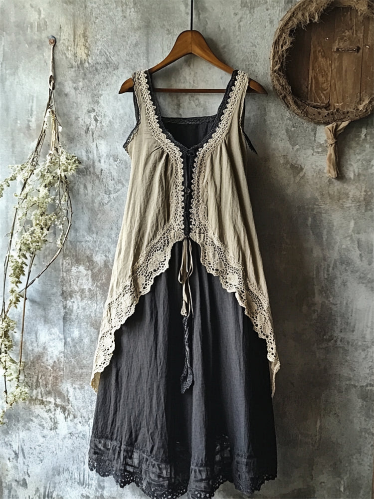 Vintage Lace Hem Layered Linen Tank Dress elevenforest