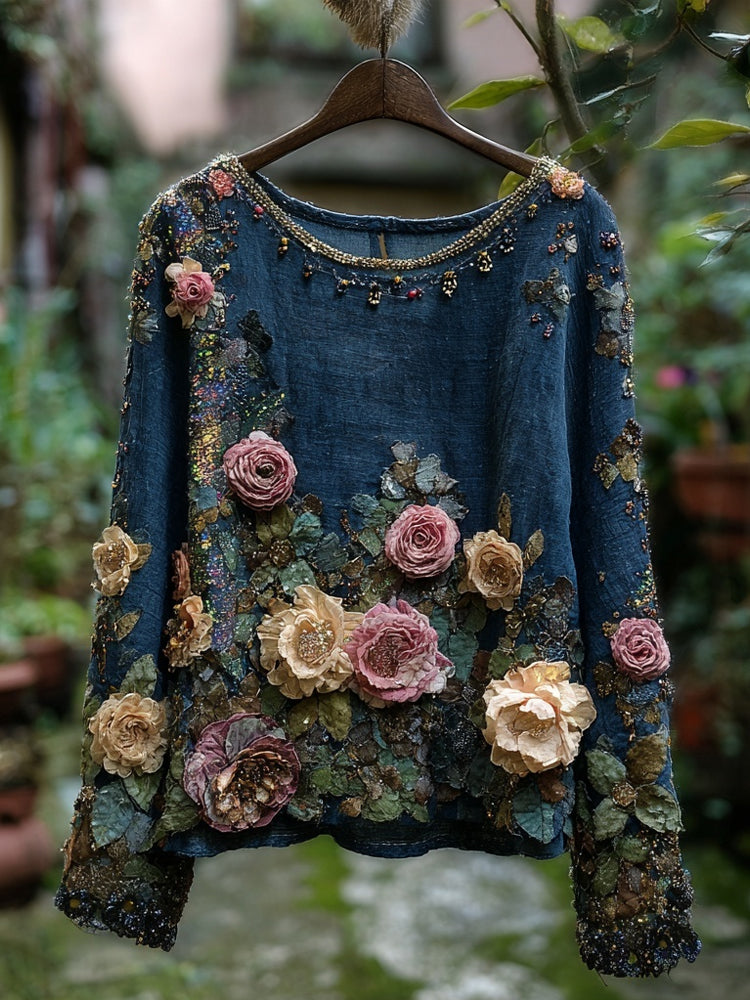 Vintage Boho Roses Embroidered Long Sleeve Linen Tunic elevenforest