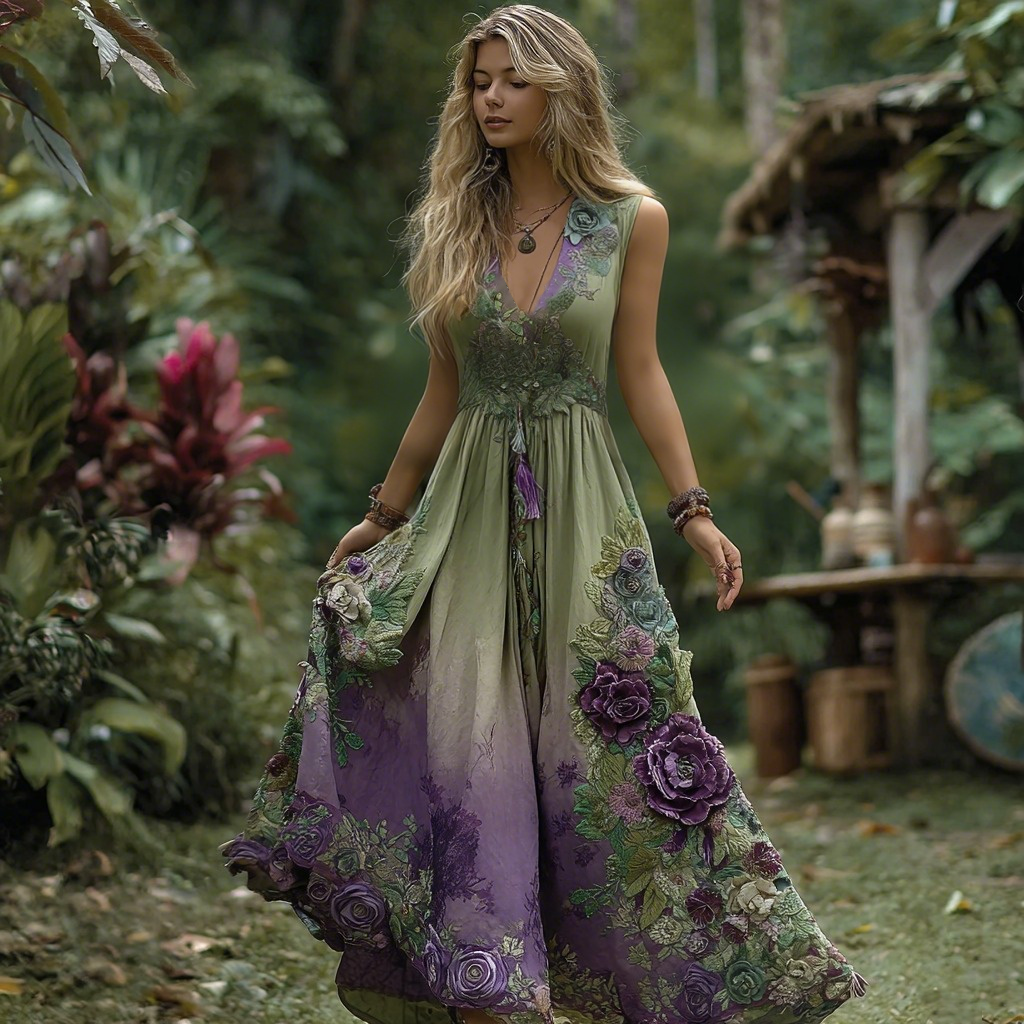 Vintage Purple Gilded Rose Embroidery Sleeveless V-neck Dress elevenforest