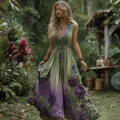 Vintage Purple Gilded Rose Embroidery Sleeveless V-neck Dress elevenforest