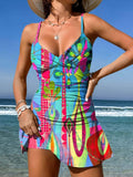 V-Neck Abstract Geometric Art Print Suspender Skirt Tankini Pantskirt Set Swimsuit