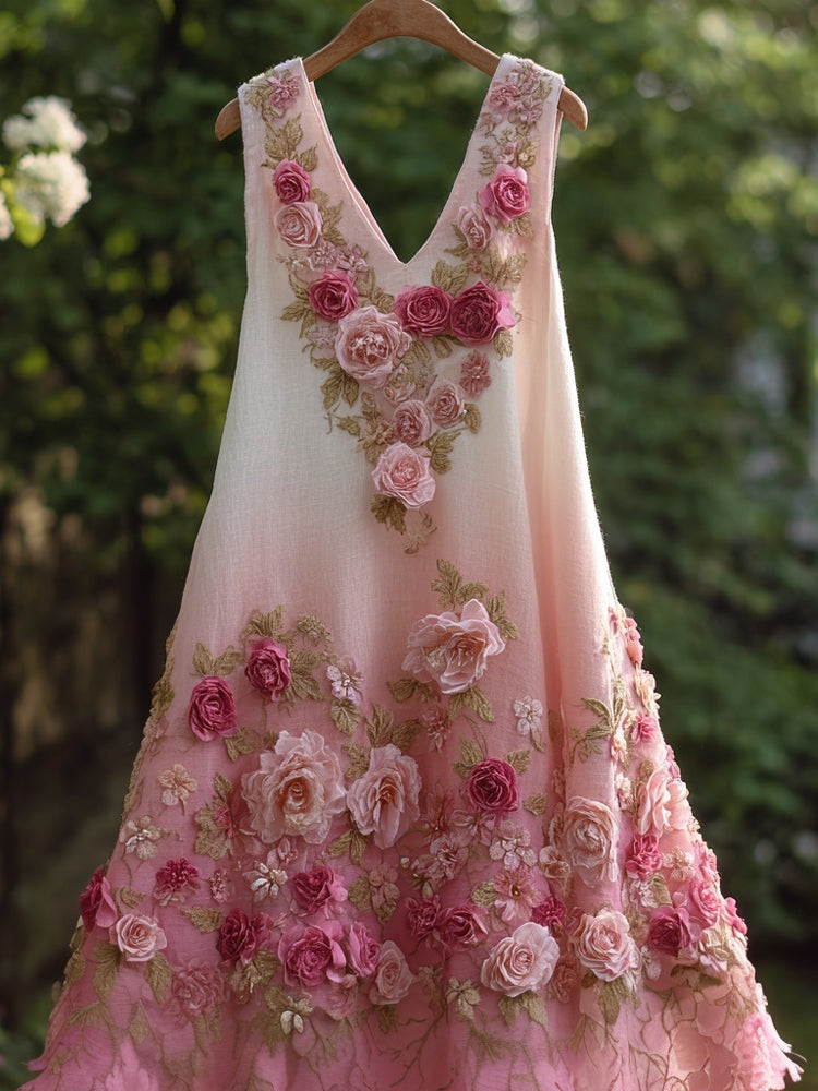 Vintage Pink Rose Embroidered Gradient Linen Midi Dress elevenforest