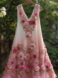 Vintage Pink Rose Embroidered Gradient Linen Midi Dress elevenforest