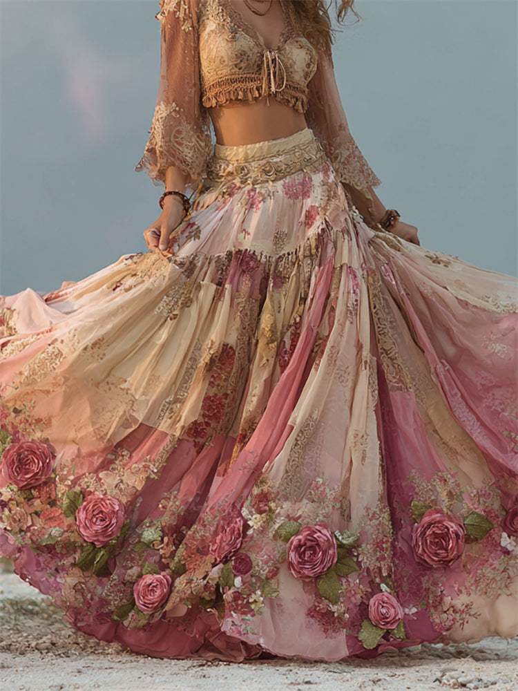 Boho Pink Roses Cottagecore Floral Patchwork Flowy Wide Skirt elevenforest
