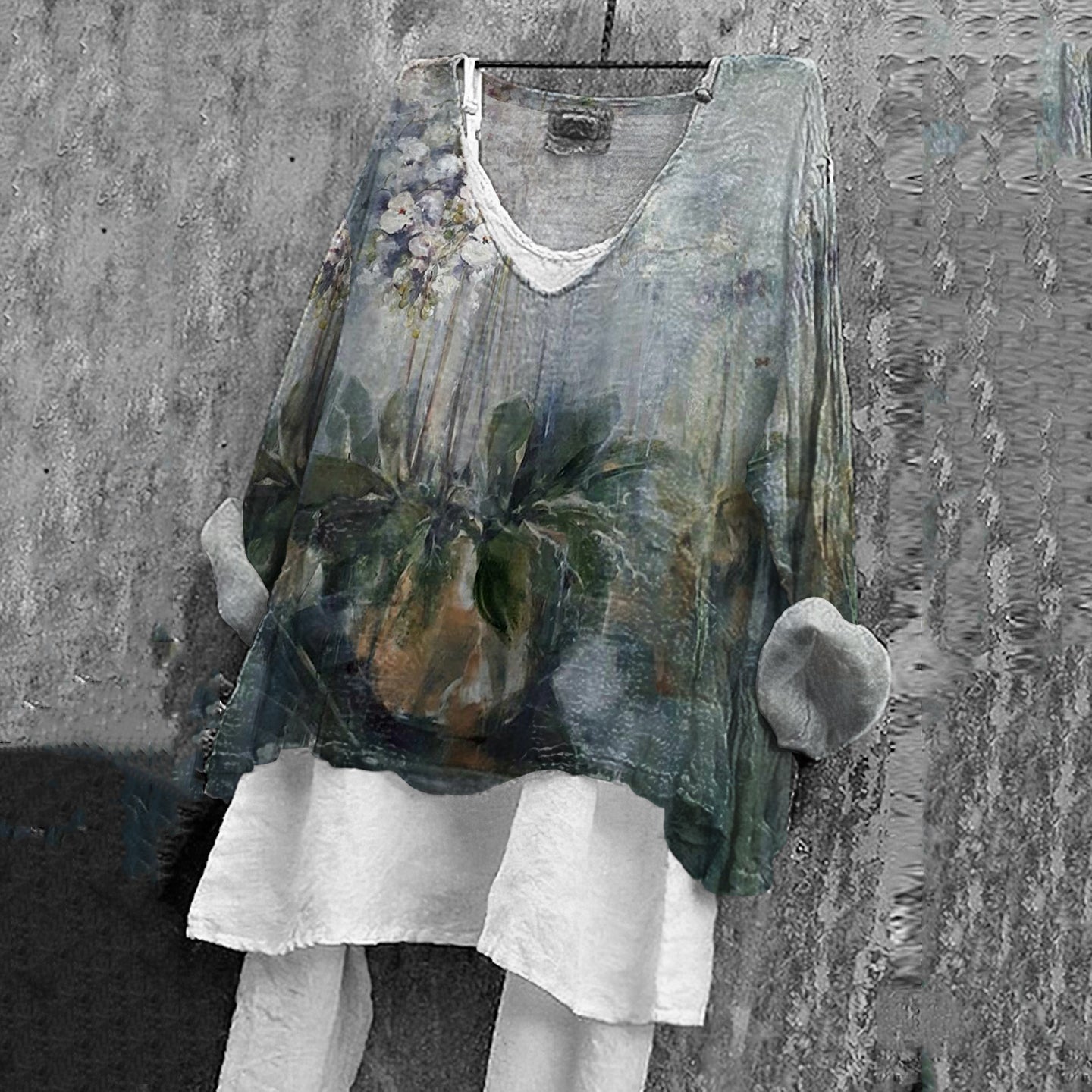 Comstylish Abstract Floral Pattern V-Neck Top For Women