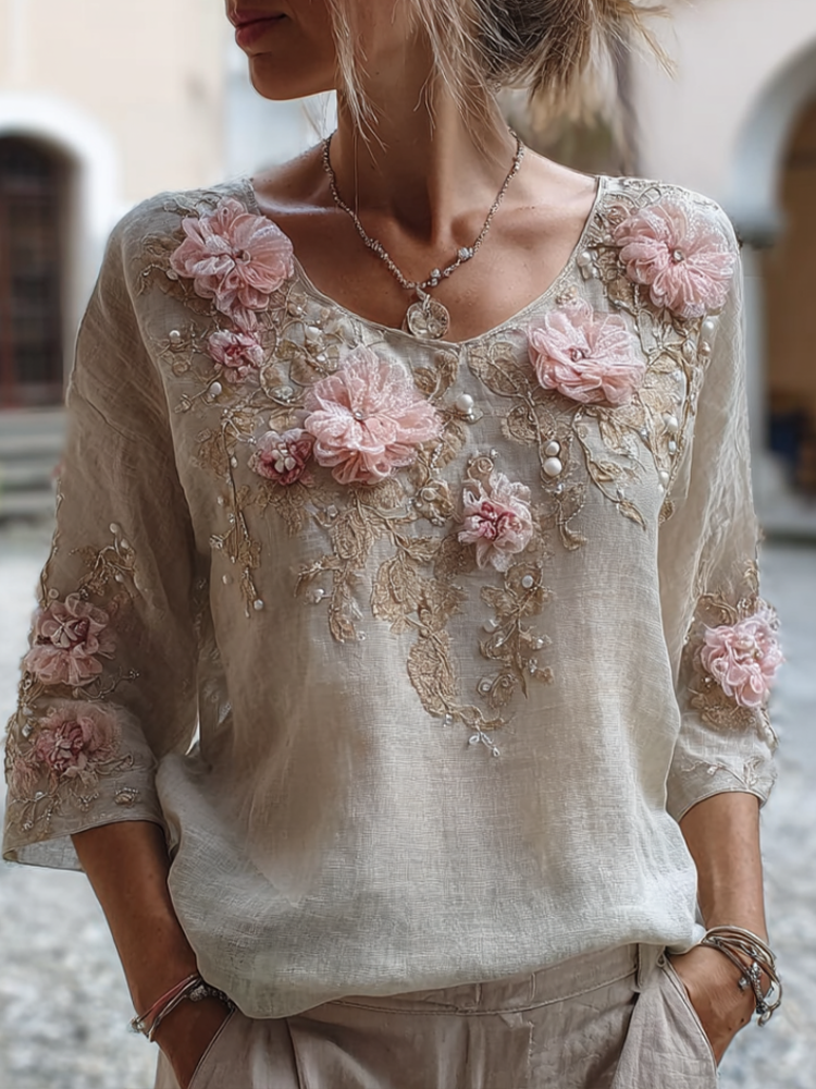 Bohemian Style Round Neck Short Sleeve Three-dimensional Flower Design Women's Thin Top elevenforest