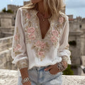 Women's Pink Floral Embroidery Art V-neck Long Sleeve Blouse elevenforest
