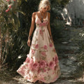 Resort Style Boho Floral Embroidery Women's Linen Spaghetti Strap Maxi Dress elevenforest