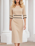 Elegant And Stylish Black Line Trim Khaki Midi Dress