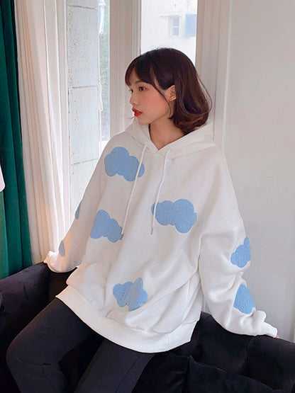 Korean Sweatshirt Winter Clouds ’s Sweaters Velvet Warm Sleeves Tops Temporary Hoodies Kawaii Femal