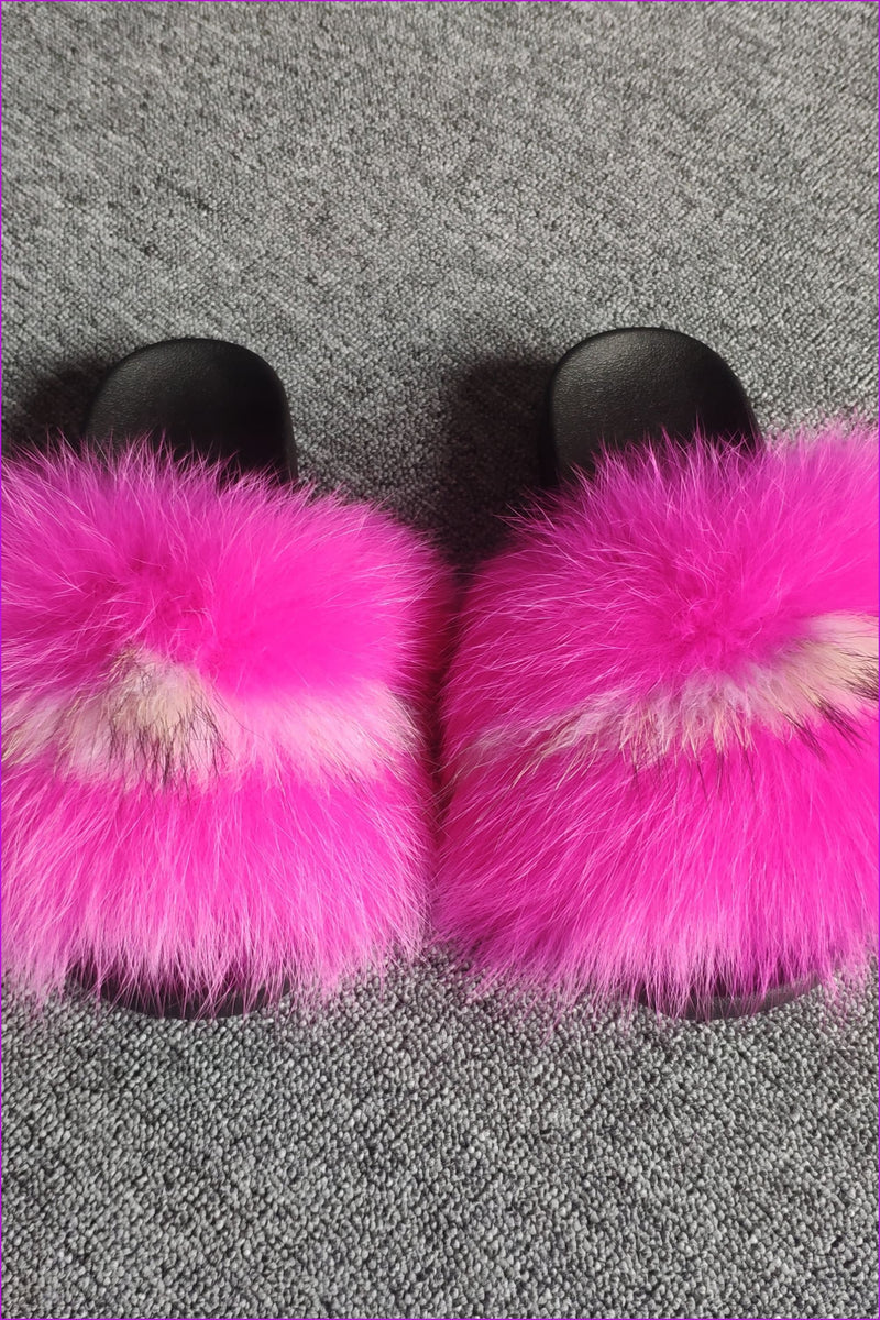 Hot Pink Mixed White Fox Full-pelt Fur Sliders Df003