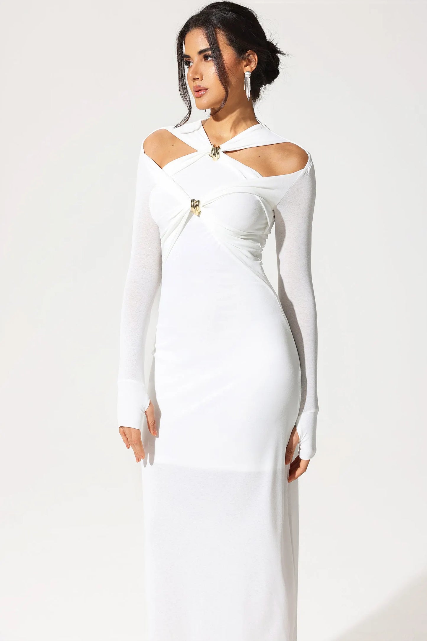 Long Sleeve V-neck Cut-out Midi Dress