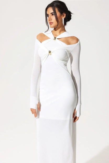 Long Sleeve V-neck Cut-out Midi Dress