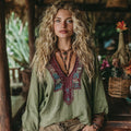 Women's Vacation Boho Tribal Ethnic Print V-neck Linen Blend Tops elevenforest