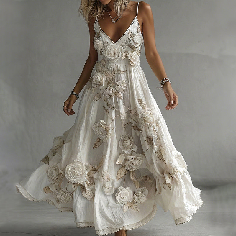 Women's Vintage Rose Art Pattern Suspender Midi Dress elevenforest