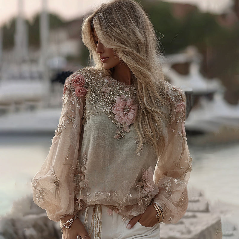 Women's Pink Rose Embroidery Sequins Linen T-shirt elevenforest