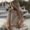 Women's Pink Rose Embroidery Sequins Linen T-shirt elevenforest