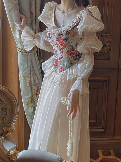 French Midi Dress Patchwork Puff Sleeve Ruffles A-line Autumn Spring Evening Party Prom Robe Vestidos Mujer