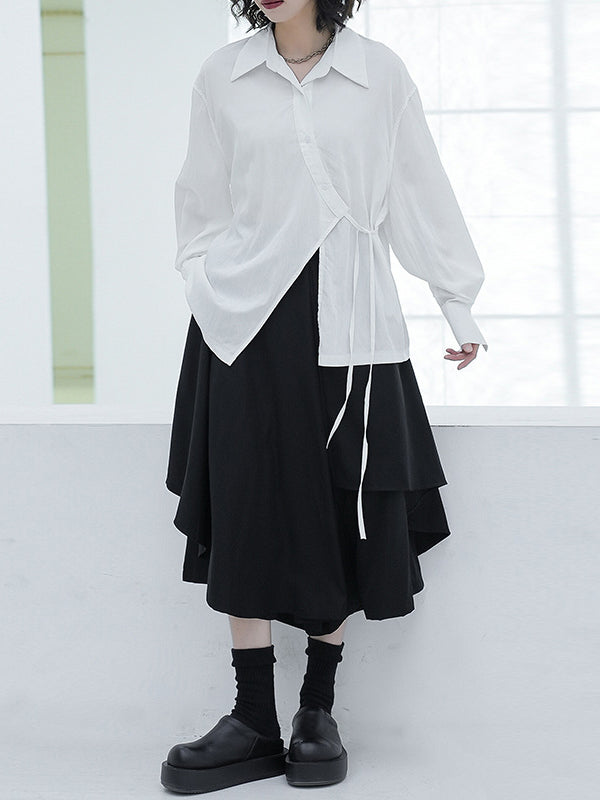 Loose Puff Sleeves Asymmetric Lace-up See-through Color Split-joint Lapel Blouses