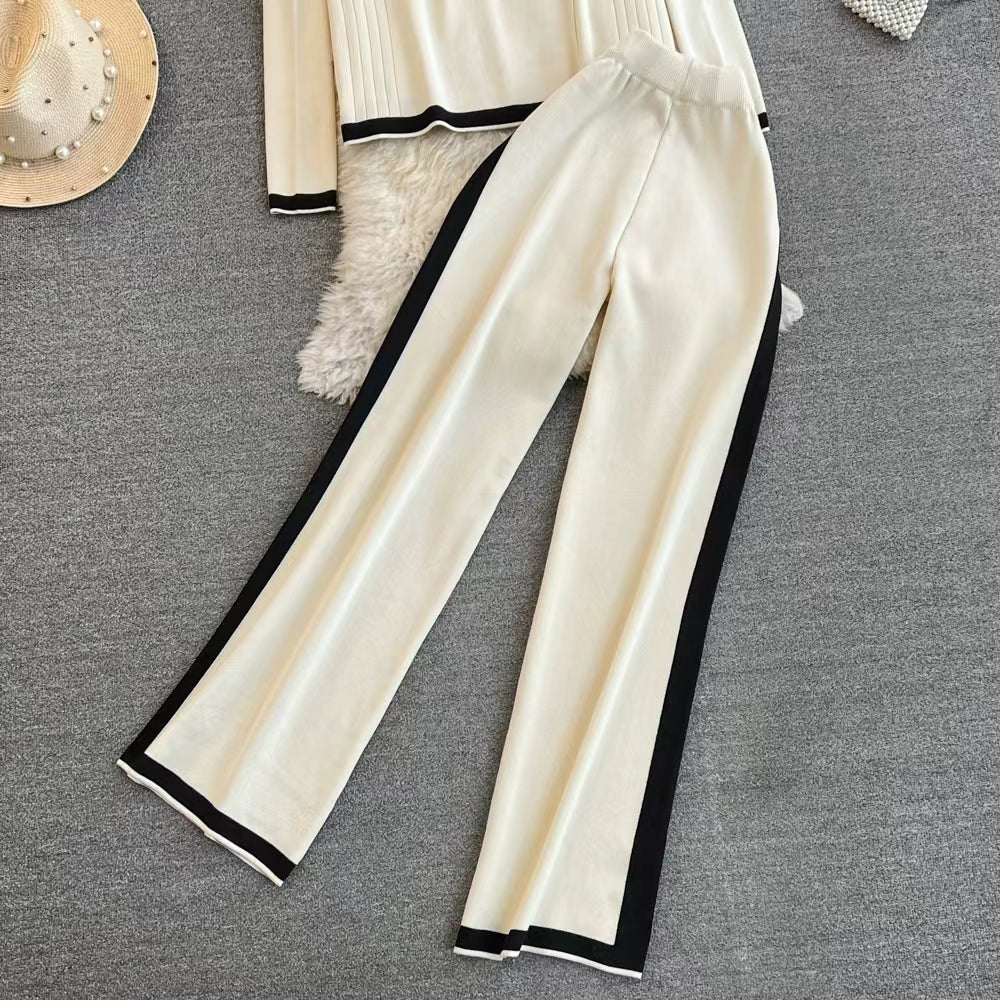 Spring and Autumn Chanel Style Suit Long Sleeved Contrast V Neck Knitted Cardigan High Waist Straight Wide Leg Pants Knitted Suit