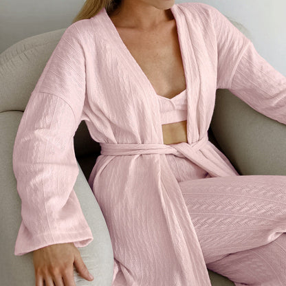 Autumn Knitted Sling Vest Pajamas Three Piece Set Cardigan Long Sleeve Pants Homewear