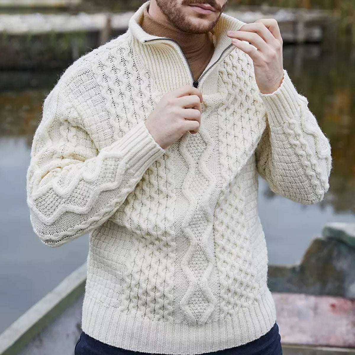 Men'S Vintage Cable Knit Aran Zip Neck Turtleneck Sweater elevenforest