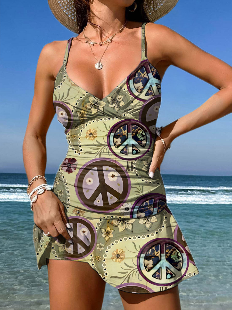 V-Neck Vintage Multicolor Hippie Peace Flower Art Print Suspender Skirt Tankini Pantskirt Set Swimsuit