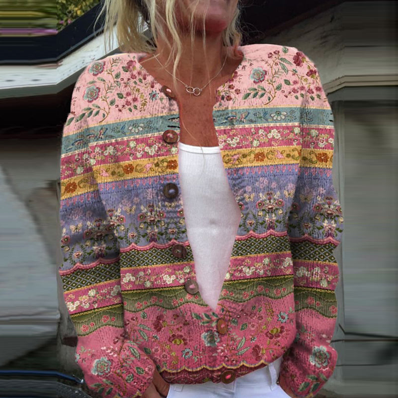 Vintage Tribal Floral Art Print Cozy Button Sweater elevenforest