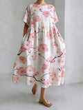Japanese Art Cherry Blossom Printed Long Sleeve Casual Midi Dress elevenforest