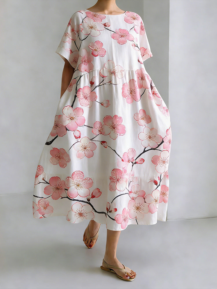 Japanese Art Cherry Blossom Printed Long Sleeve Casual Midi Dress elevenforest