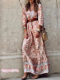Women's Bohemian Printed Midi V-Neck Dress