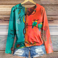 Women's Vintage Floral Bird Art Print Casual V-neck Long Sleeve T-shir